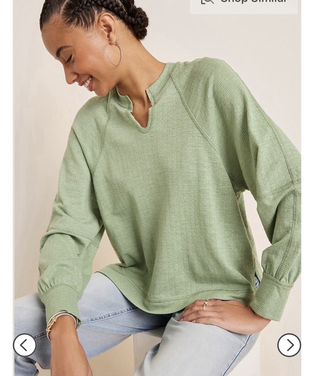 Francesca's Womens Green Blouse Notch Neck Top Casual Sz L Waffle‎ Knit